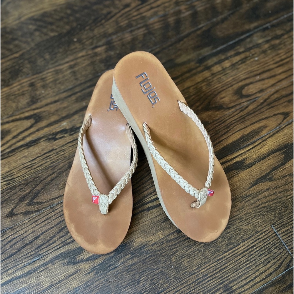 Flojos Women's Hayley Wedge Sandals, size 8. Braided faux-leather straps.